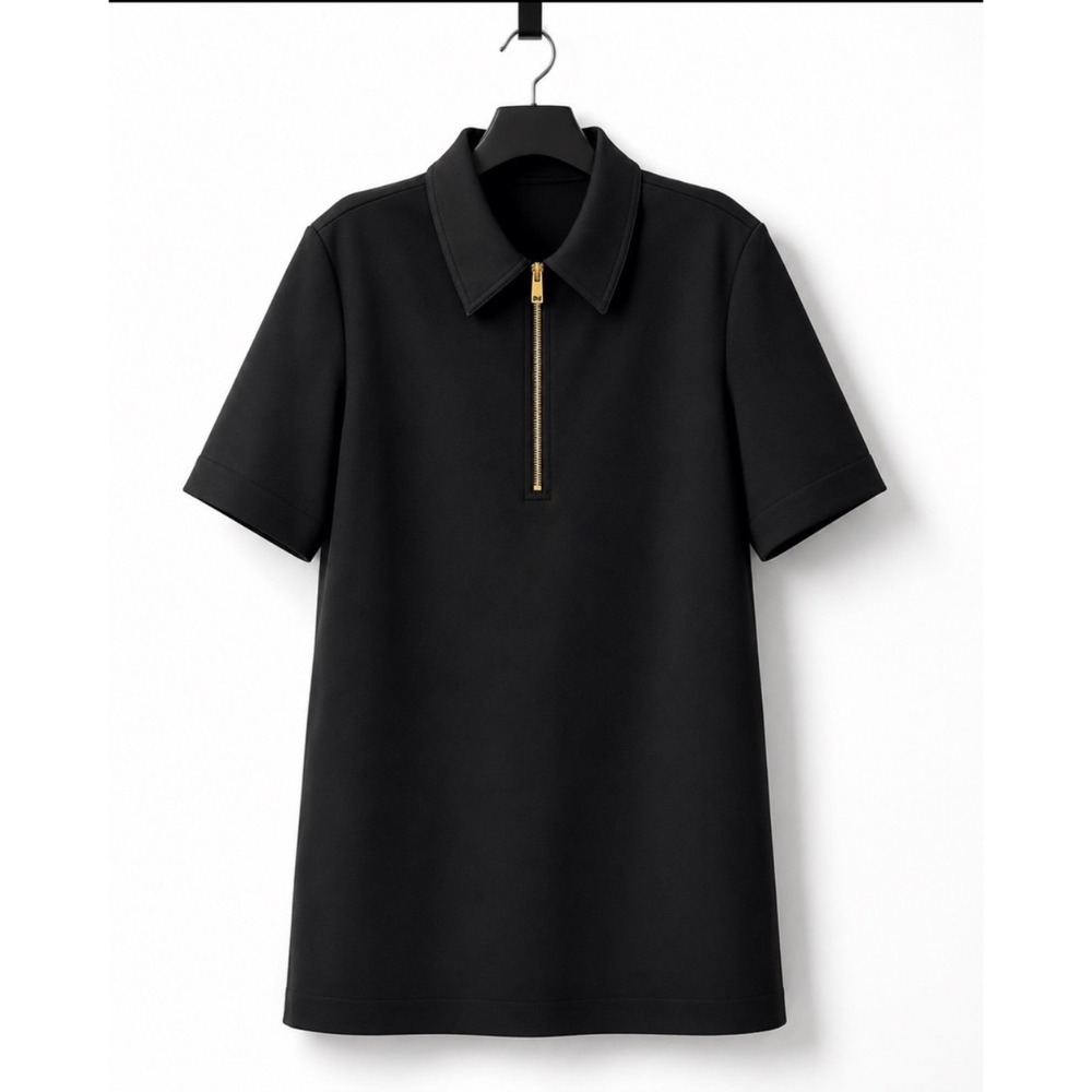 TORY BURCH Crepe Polo Mini Dress Size 10 Black Gold Zipper Minimalist Designer - Picture 3 of 10